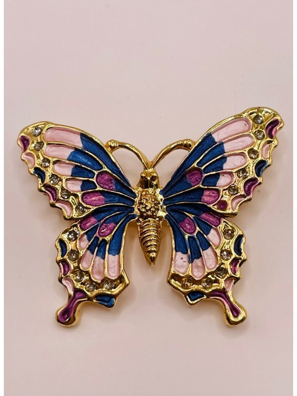 NOS Vintage Butterfly Brooch Pin Rhinestones Pink & Blue Enamel Gold-Tone -98B